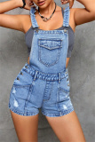 Casual Solid Ripped Patchwork Backless Spaghetti Strap Sleeveless High Waist Skinny Denim Romper
