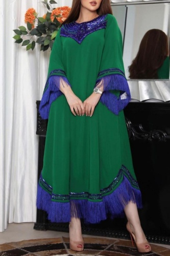 Casual Solid Tassel Patchwork O Neck Long Dresses