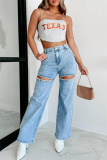 Casual Solid Hollowed Out Patchwork High Waist Regular Denim Jeans