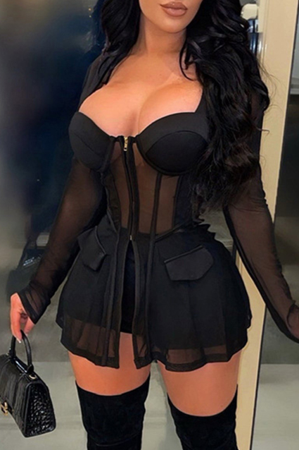Sexy Casual Solid Patchwork See-through Slit Square Collar Long Sleeve Two Pieces