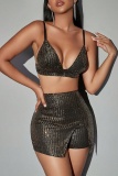 Sexy Patchwork Sequins Backless Spaghetti Strap Sleeveless Two Pieces