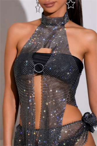 Sexy Patchwork Backless Asymmetrical Halter Tops