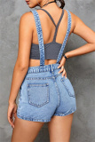 Casual Solid Ripped Patchwork Backless Spaghetti Strap Sleeveless High Waist Skinny Denim Romper