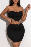 Sexy Solid Tassel Patchwork Backless Strapless Sleeveless Two Pieces