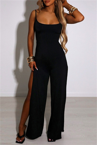 Sexy Casual Solid Frenulum Backless Slit Spaghetti Strap Skinny Jumpsuits
