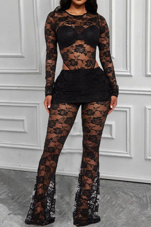 Sexy Solid See-through O Neck Long Sleeve Two Pieces