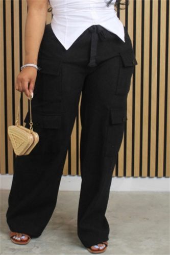Casual Solid Patchwork Pocket Regular Mid Waist Straight Solid Color Bottoms