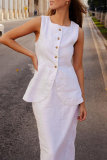 Elegant Solid Buckle O Neck Sleeveless Two Pieces