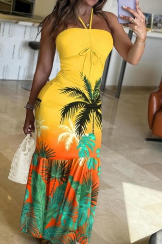 Casual Print Backless Strapless Long Dresses