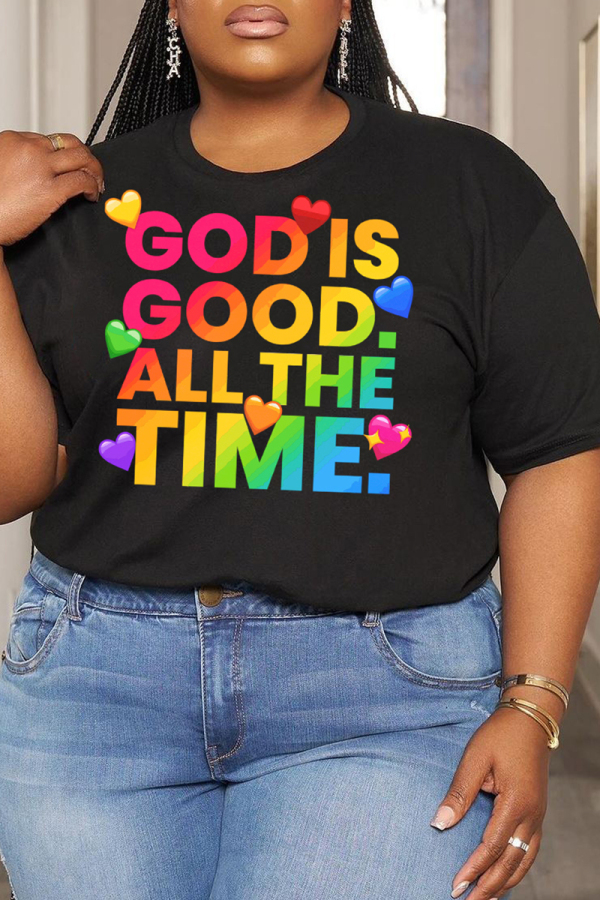 Rainbow Color Letter Printed Round Neck Plus Size T-shirts Tops Tees