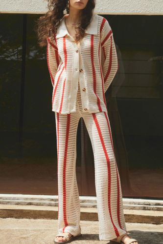 Casual Patchwork Buttons Contrast Turndown Collar Long Sleeve Two Pieces