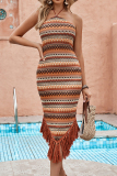 Sexy Bohemian Color Block Tassel Weave Halter Wrapped Skirt Dresses