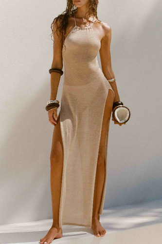 Sexy Solid Backless Cross Straps Slit Spaghetti Strap Beach Dresses