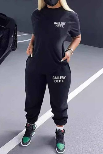 Street Print Letter O Neck Short Sleeve Two Pieces