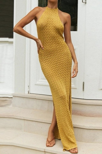 Sexy Solid Bandage Backless Slit Halter Beach Dresses