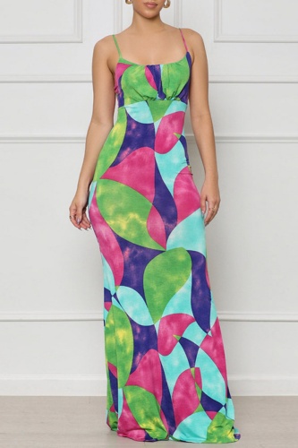 Sexy Casual Print Backless Spaghetti Strap Long Dresses
