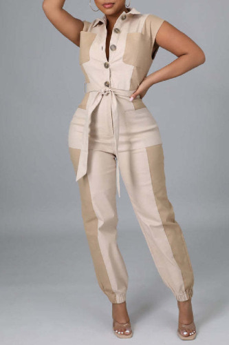 Casual Patchwork Buttons Contrast Turndown Collar Regular Jumpsuits