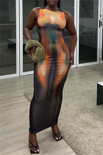 Casual Print Basic O Neck Long Dresses
