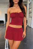 Sexy Solid Draw String Fold Strapless Sleeveless Two Pieces