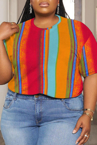 Casual Print Basic O Neck Plus Size Tops