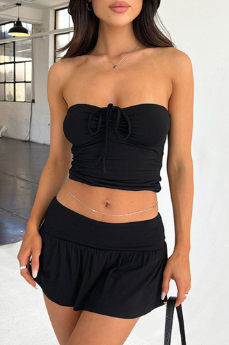 Sexy Solid Draw String Fold Strapless Sleeveless Two Pieces