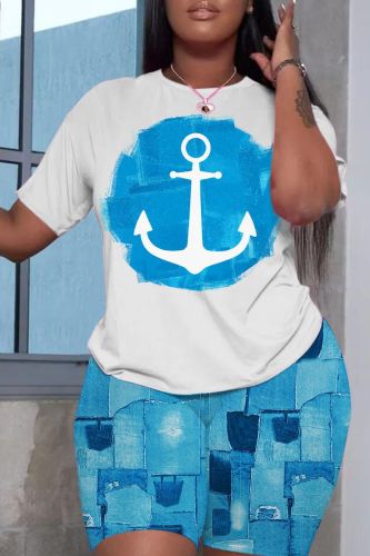 Casual Print Basic O Neck Short Sleeve Two Pieces