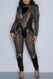 Sexy Hot Drilling Patchwork See-through Mesh O Neck Skinny Jumpsuits