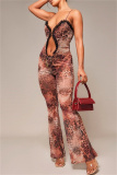 Sexy Print Hollowed Out Patchwork Backless Spaghetti Strap Skinny Jumpsuits