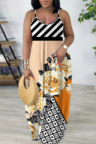 Sexy Casual Print Backless Spaghetti Strap Long Dresses