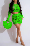 Crochet Sequin Hollowed Out Long Sleeve Crop Top and Mini Skirts Vacation Two Piece Dress