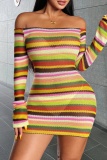 Sexy Casual Striped Print Backless Off the Shoulder Long Sleeve Dresses