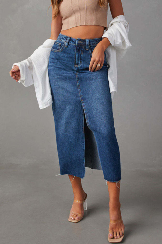 Vintage Elegant Solid Make Old Slit High Waist Denim Skirts