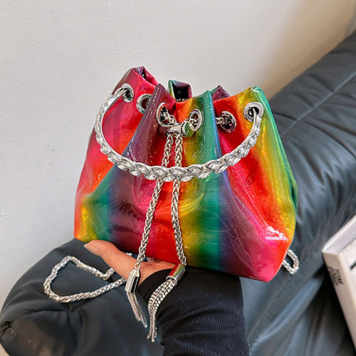Casual Rainbow Color PU Leather Chains Bags