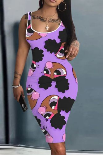 Casual Print Basic U Neck Vest Dresses