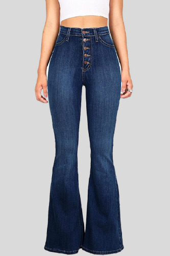 Casual Solid Buckle High Waist Boot Cut Denim Jeans