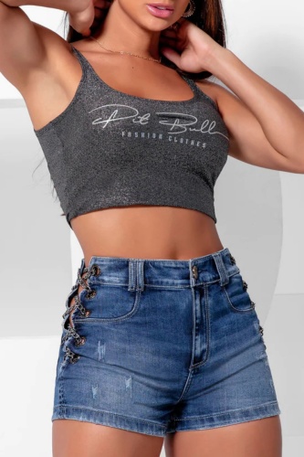 Casual Solid Patchwork Chains High Waist Skinny Denim Shorts