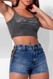 Casual Solid Patchwork Chains High Waist Skinny Denim Shorts