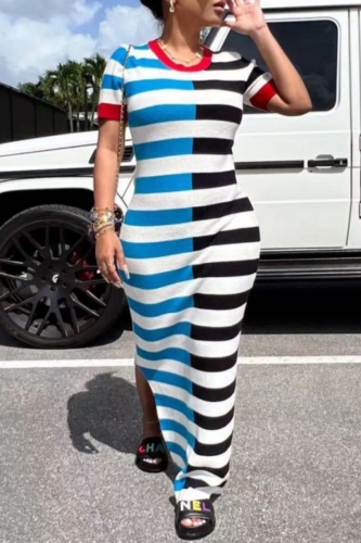 Casual Striped Print Patchwork Slit O Neck Long Dresses