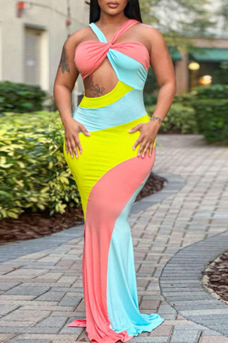 Sexy Color Block Hollowed Out Patchwork Halter Long Dresses