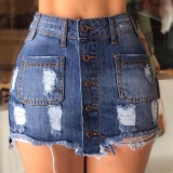 Casual Solid Ripped Buckle High Waist Skinny Denim Skirts