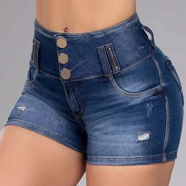 Casual Solid Ripped Patchwork Buckle High Waist Skinny Denim Shorts