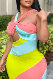 Tie Dye Print Sleeveless Backless Halter Crossover Cutout Vacation Bodycon Maxi Dress