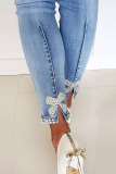 Casual Solid Slit Beading With Bow Skinny Denim Jeans