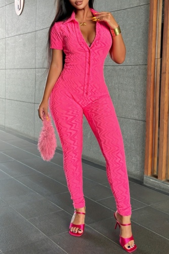 Casual Solid Patchwork Buttons Turndown Collar Skinny Jumpsuits