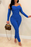 Blue Sexy Solid Patchwork Fold Spaghetti Strap Regular Jumpsuits