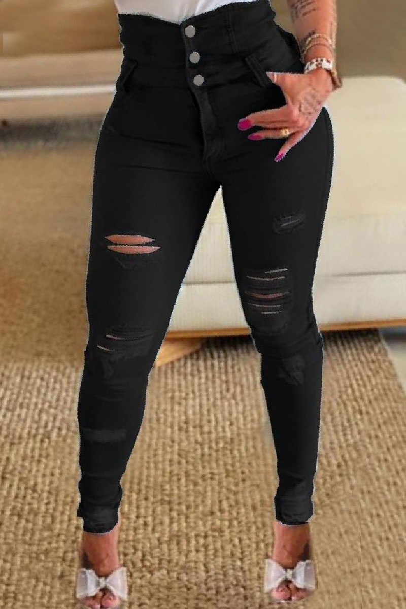 Casual Solid Ripped Make Old High Waist Denim Jeans