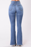 Casual Solid Buckle High Waist Boot Cut Denim Jeans