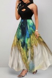 Casual Print Hollowed Out Patchwork Backless V Neck Long Dresses