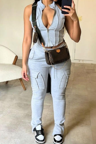 Casual Solid Patchwork Zipper Collar Sleeveless Two Pieces