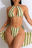 Sexy Patchwork Bandage Hollowed Out Backless Contrast Swimsuit Three Piece Set (With Paddings)